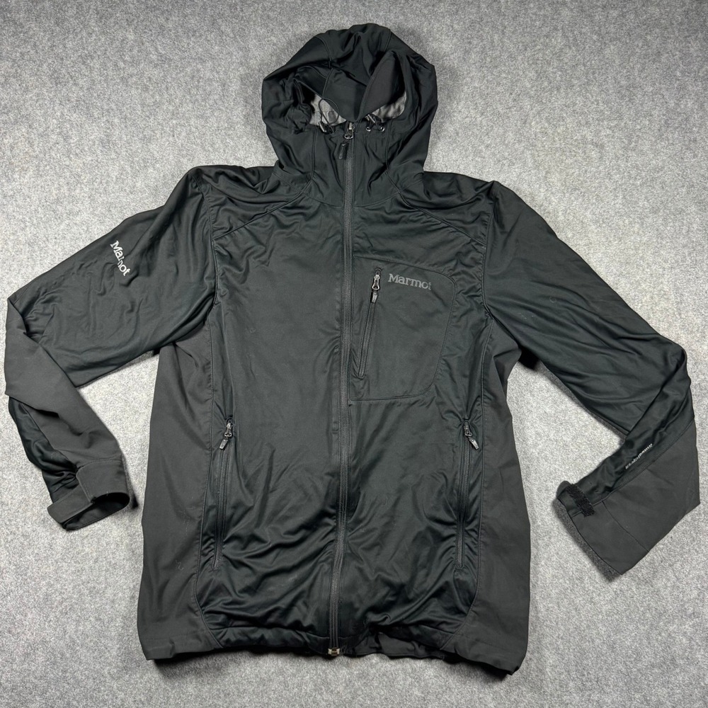 Marmot Gore Windstopper Softshell Jacket Mens Large Black Hooded Full Zip Hiking